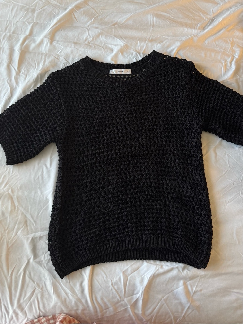 Mango Black Open-Weave Crewneck Short-Sleeve Sweater